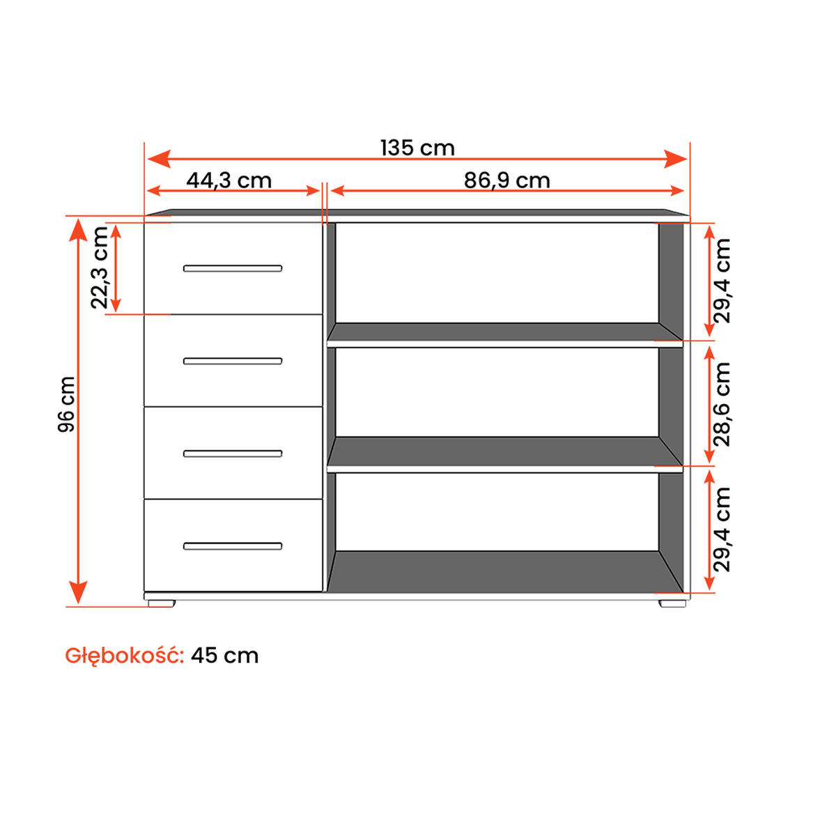 KOMMODE Frida 01 2D4S Schwarz/Sonoma 135 cm - Alufarben/Schwarz, Holzwerkstoff/Kunststoff (135/95/45cm) - imoebel24