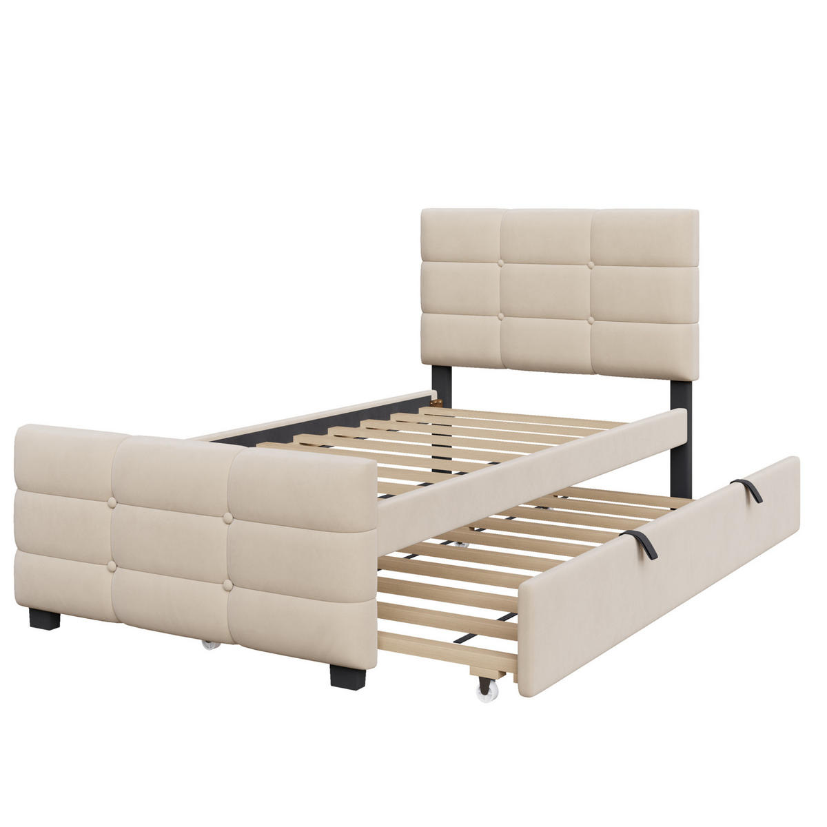 POLNJENA postelja iz oblazinjenega samta 90x190 cm bež z izvlečno posteljo, letvenim dnom in stabilno konstrukcijo - bež, tekstil (90/190cm) - Modfu