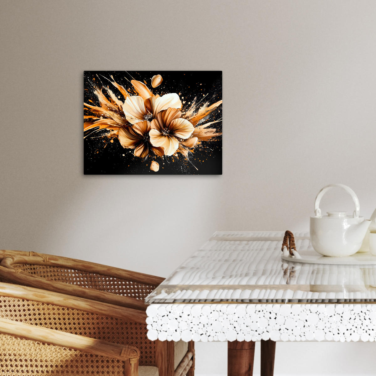 LEINWANDBILD Blumen - Gold - Graffiti - Schwarz - Abstrakt 40x30 cm - Cappuccino, Textil (40/30cm) - MuchoWow