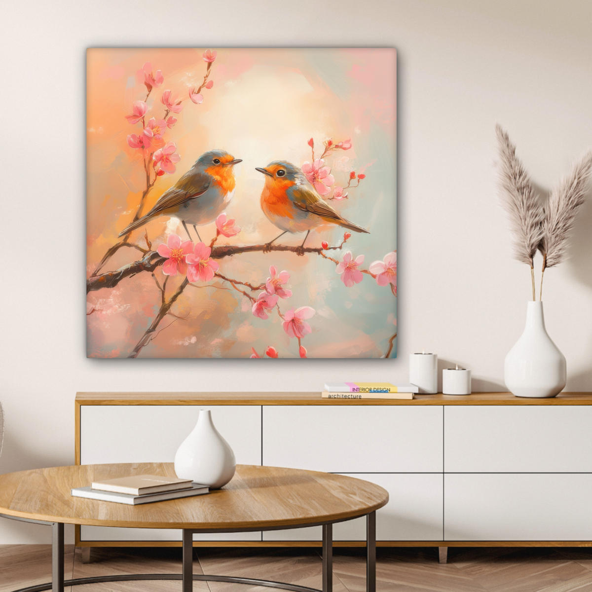 LEINWANDBILD Rotkehlchen - Zierpflanze - Blütenzweig 90x90 cm - Hellrosa, Textil (90/90cm) - MuchoWow