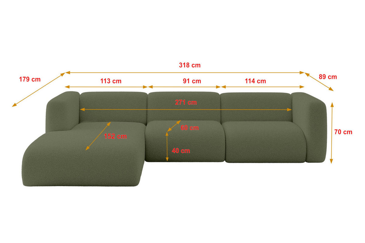 ECKSOFA Ottomane Links MIRA-L2 318x179x89 Grün Bouclé - Schwarz/Olivgrün, Holzwerkstoff/Kunststoff (318/179cm) - ALTDECOR