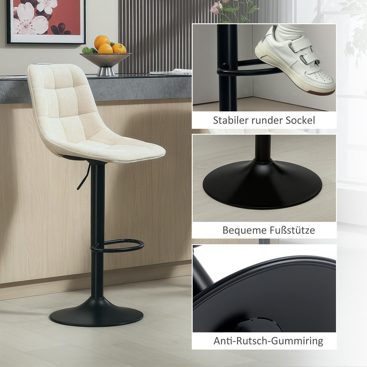 BARHOCKER 2er-Set, Gepolstert Barstuhl mit Lehne, Chenille-Optik Beige - Beige/Schwarz, Kunststoff/Textil (47/117/53cm) - HOMCOM