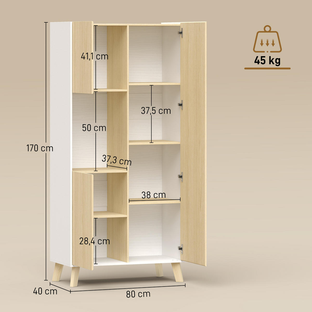KÜCHENSCHRANK Spanplatte-MDF-Naturholz Weiß - Naturfarben, Holzwerkstoff (40/170/80cm) - HOMCOM