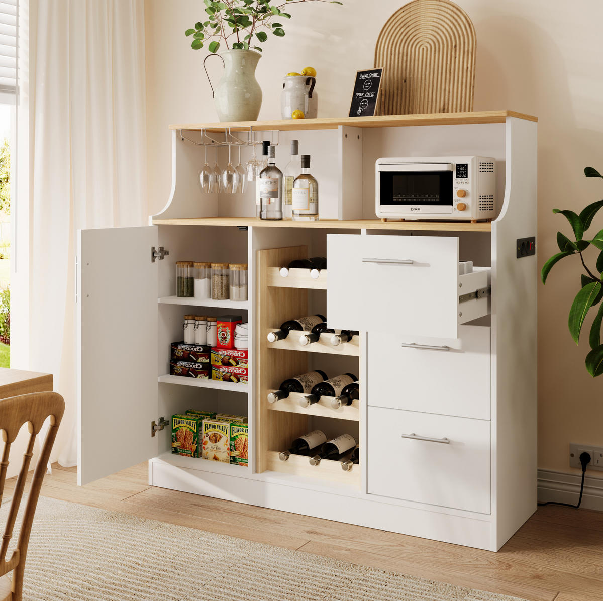 SIDEBOARD 120/40/121 cm mit LED-Beleuchtung, Steckdose und Weinregal, Weiß/Natur - Weiß, Holzwerkstoff (120/121/40cm) - Redom