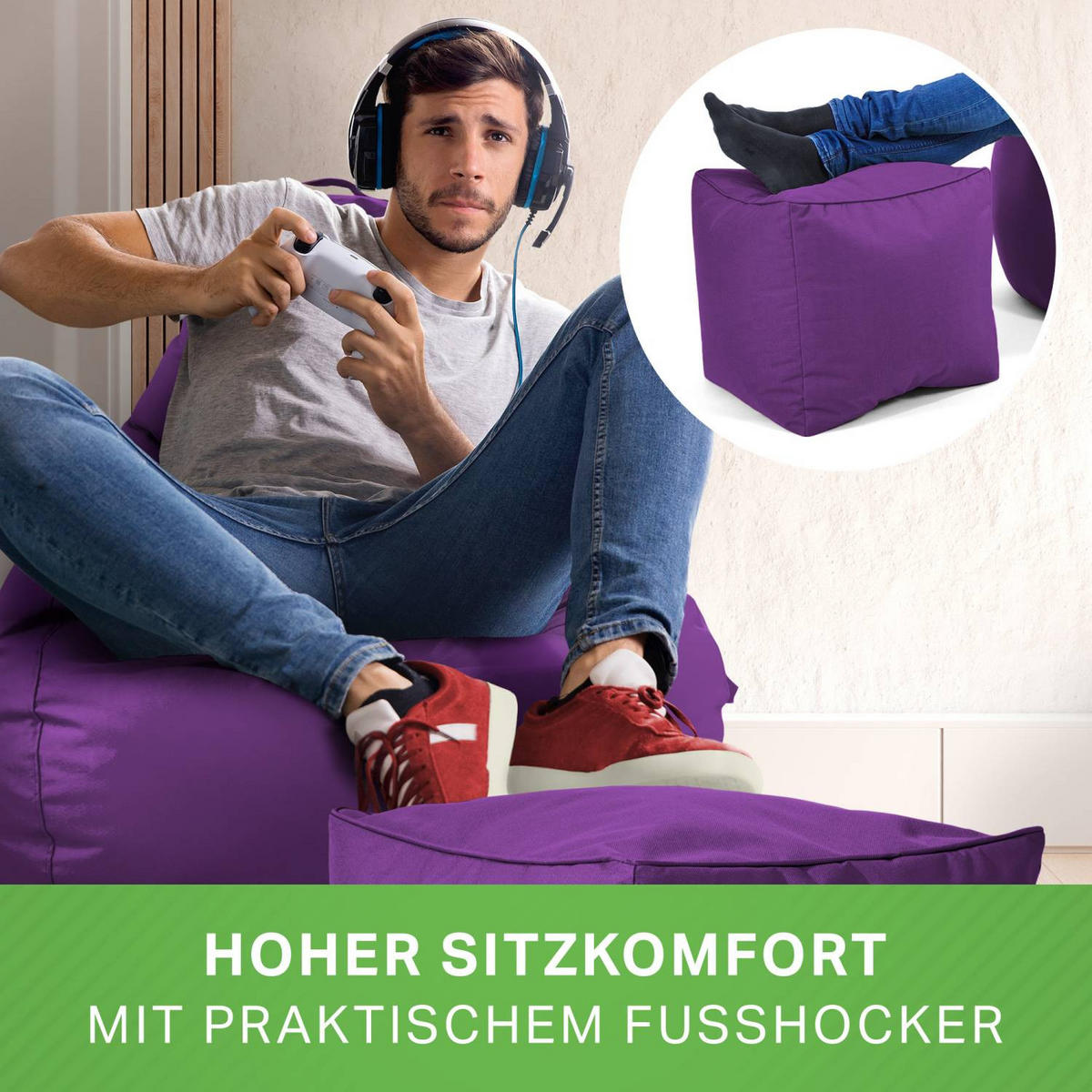 SITZSACK + Hocker "Cozy+Cube" 2er Set - Lila, Textil (70/90/80cm) - Green Bean