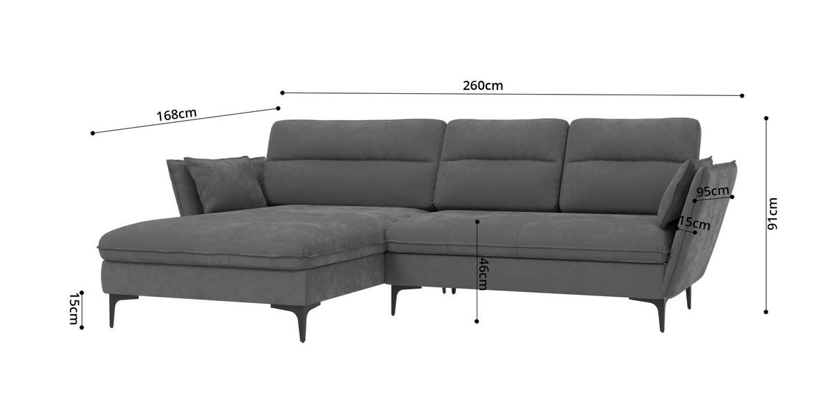 ECKSOFA Mira Grau Samt-Stoff - Schwarz/Grau, Textil/Metall (260/168cm) - S-Style Möbel