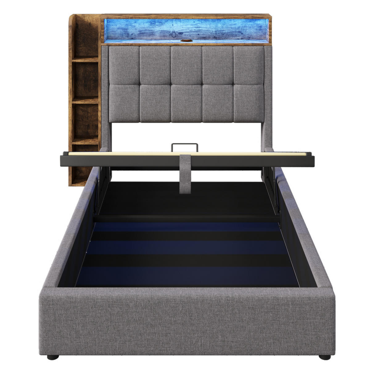 POLSTERBETT mit LED-Beleuchtung 90/200 cm mit Bettkasten & USB-C - Grau, Textil (90/200cm) - BEAOK