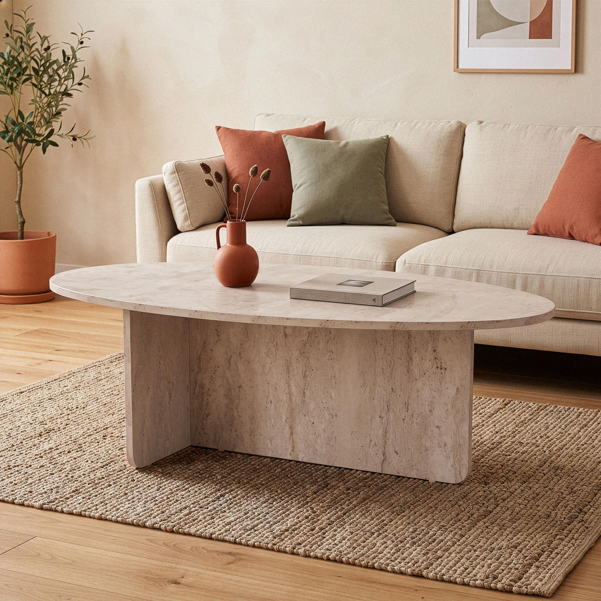 COUCHTISCH mit ovaler Platte L125 cm 65/120/40 cm - Beige, Holzwerkstoff (70/65/40cm) - Calicosy