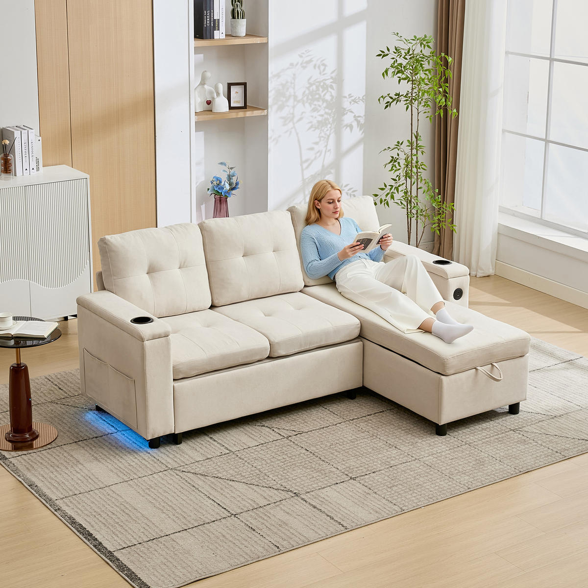 3-SITZER SCHLAFSOFA Vliesstoff Beige mit Stauraum, LED, USB und Typ-C - Beige, Holzwerkstoff/Textil (208/146cm) - WISHDOR