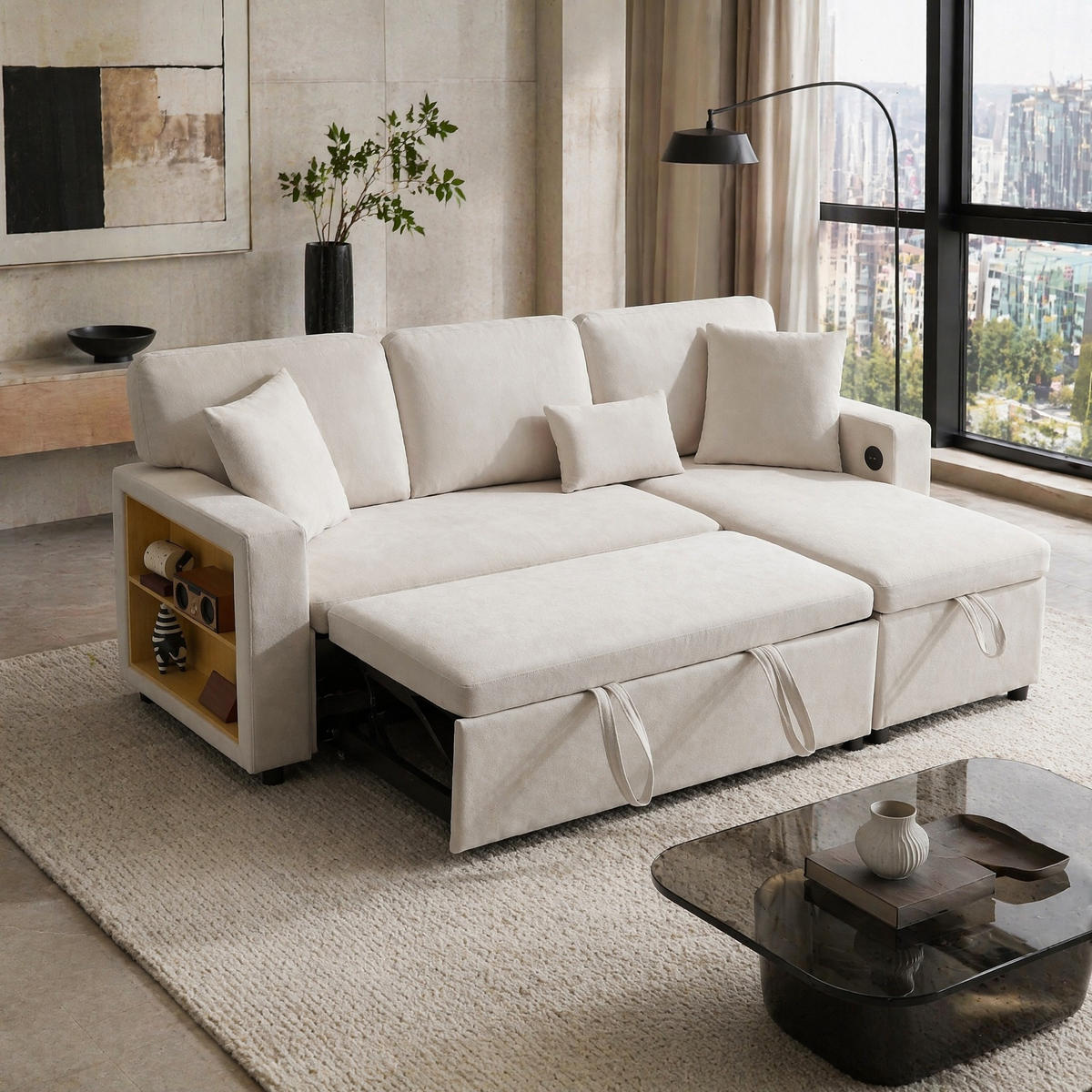 ECKSOFA mit USB-Anschluss Bettkasten Regal Beige - Beige, Textil (214/131cm) - EVRYAE