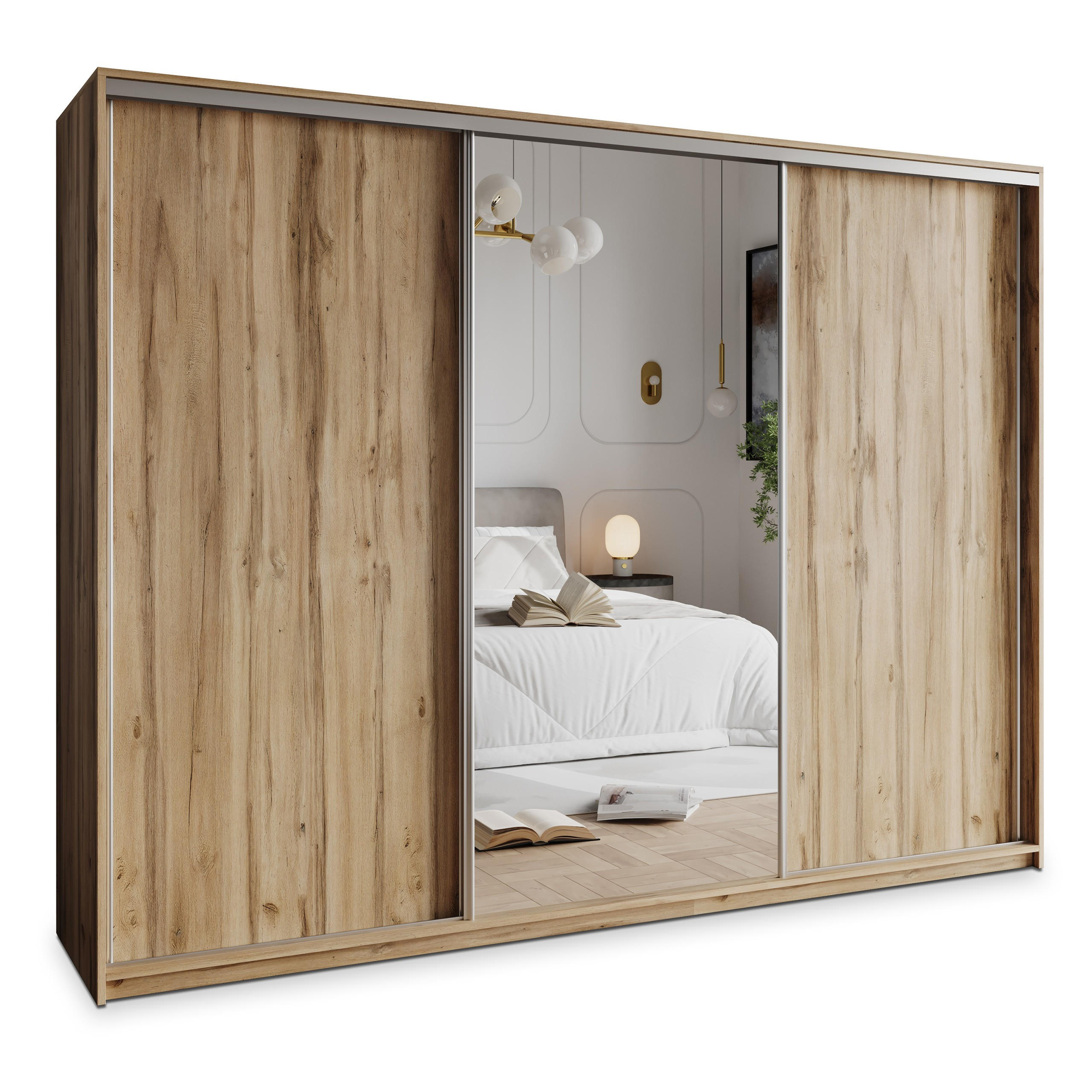 SCHWEBETÜRENSCHRANK TAVI 250/205/60 cm 3-türig mit Spiegel und Schubladen Eiche Wotan - Eiche Wotan/Nickelfarben, Holzwerkstoff (250/205/60cm) - MASSENO