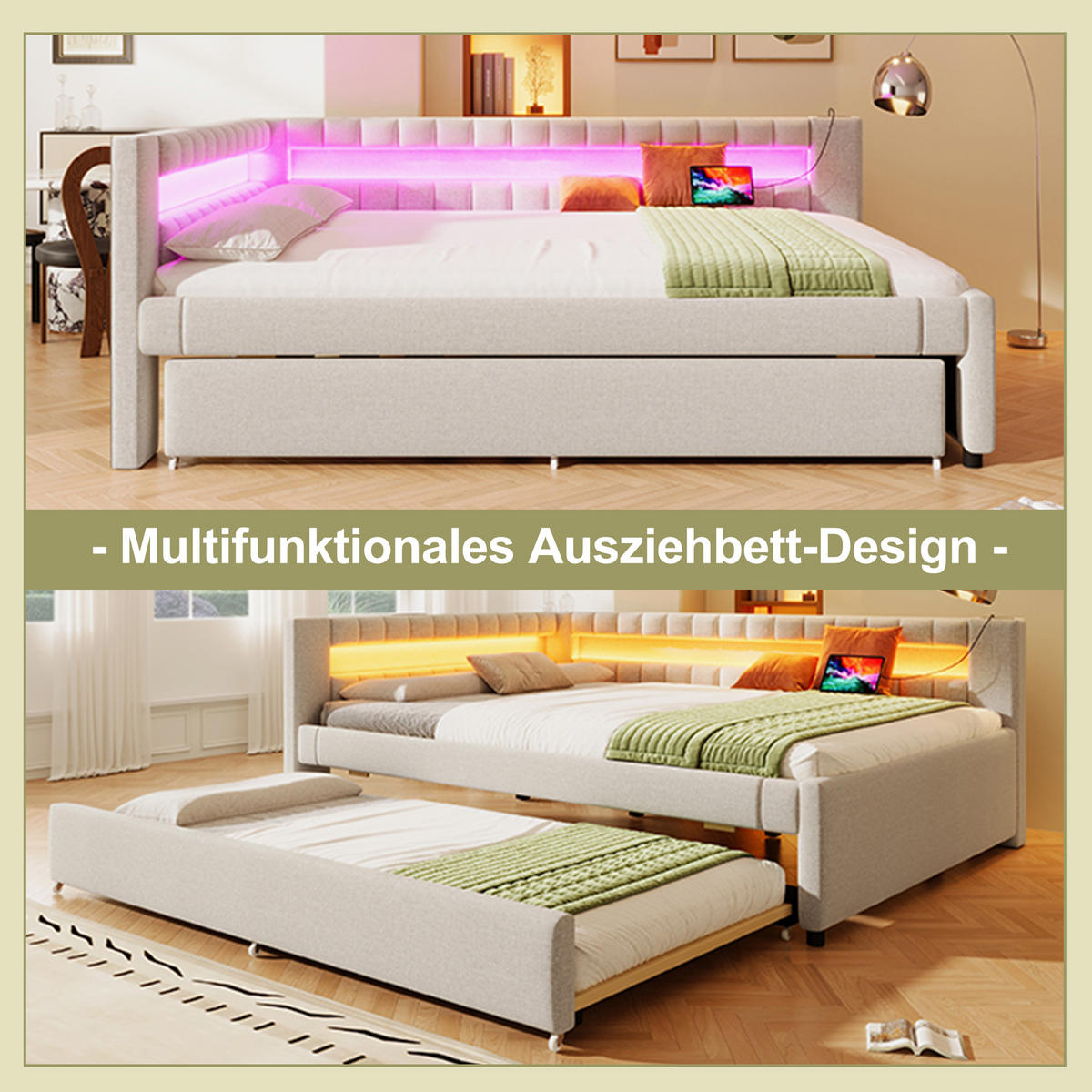 TAGEBETT 140x200cm Beige LED-Licht Ausziehbett USB Leinen - Beige, Holz (140/200cm) - FLIEKS