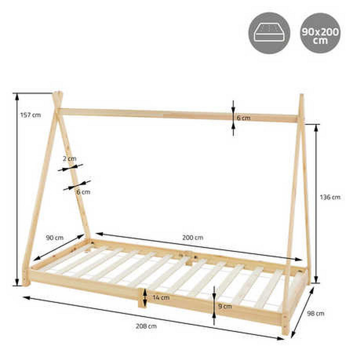 KINDERBETT Tipi mit Matratze 90x200 cm Natur - Naturfarben, Holz (90/200cm) - ML-DESIGN