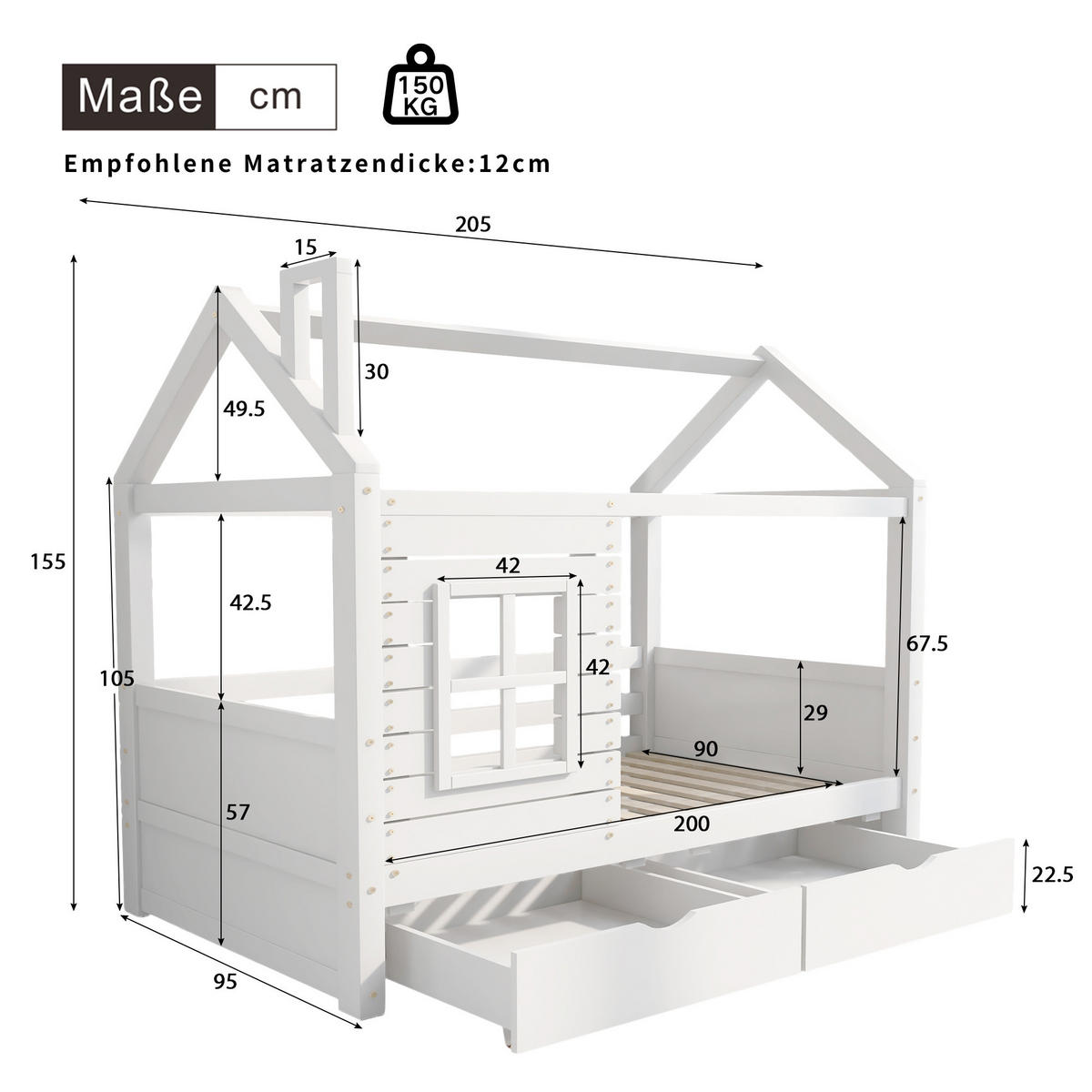HAUSBETT 90x200cm Weiß Mit Rausfallschutz Fenster & Lattenrost - Weiß, Holzwerkstoff (90/200cm) - FLIEKS