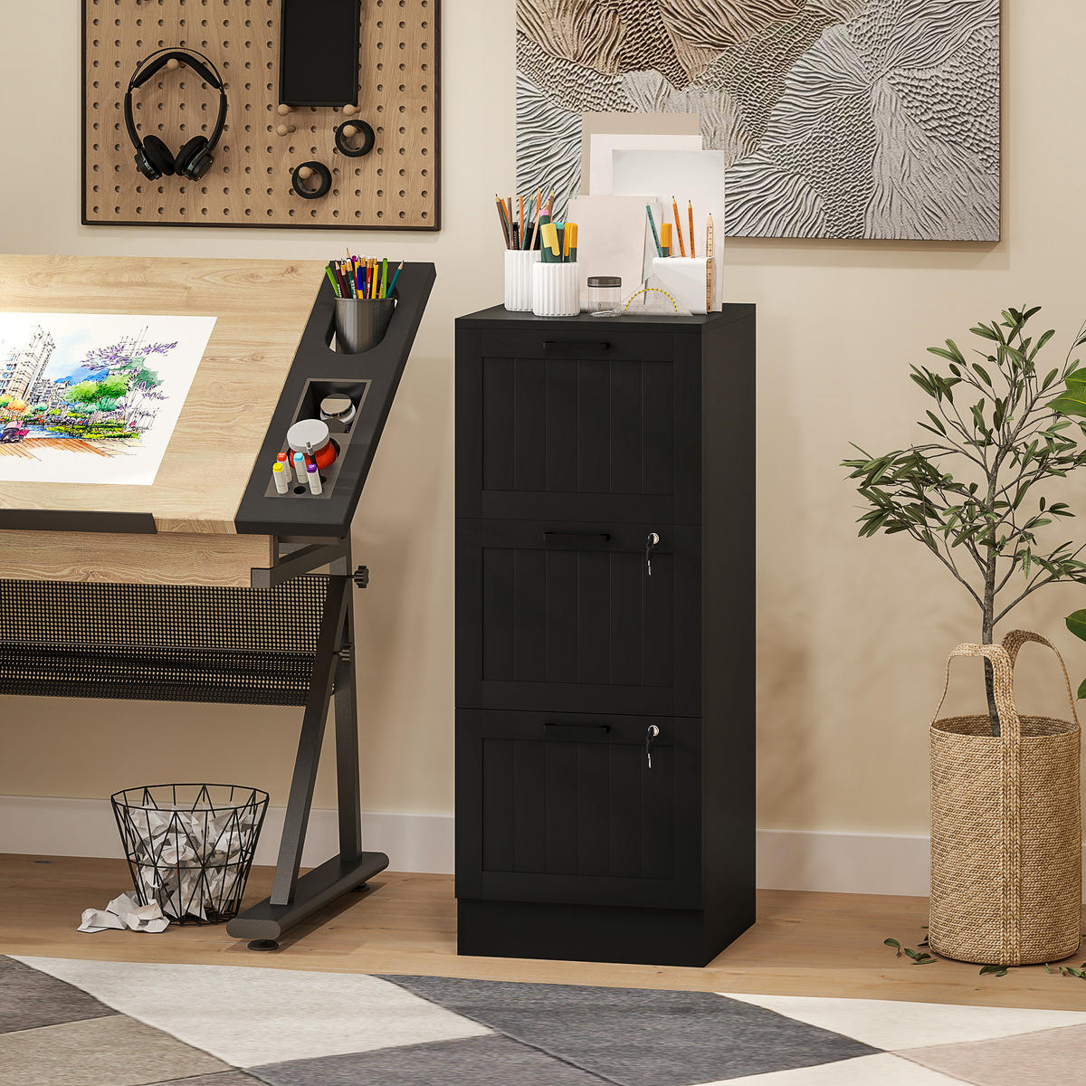 AKTENSCHRANK DE-14480 3 Schubladen abschließbar mit Hängeakten Schwarz - Schwarz, Holzwerkstoff (40/101/40cm) - ComfortXL