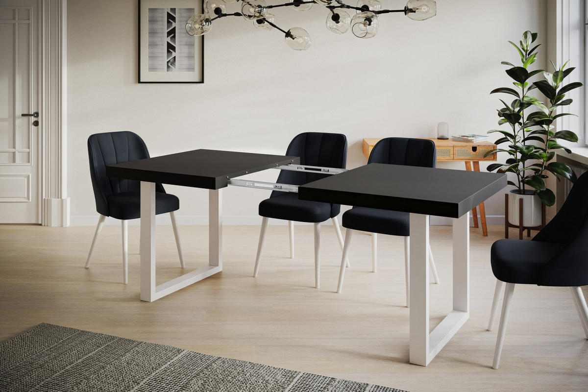 ESSZIMMERTISCH LOFT-U, ausziehbarer Tisch 160-260X90X77 cm, Farbe: Schwarz, mit Metallbeinen in Farbe Weiß - Schwarz/Weiß, Holzwerkstoff (160/90/77cm) - Alpi-Möbel