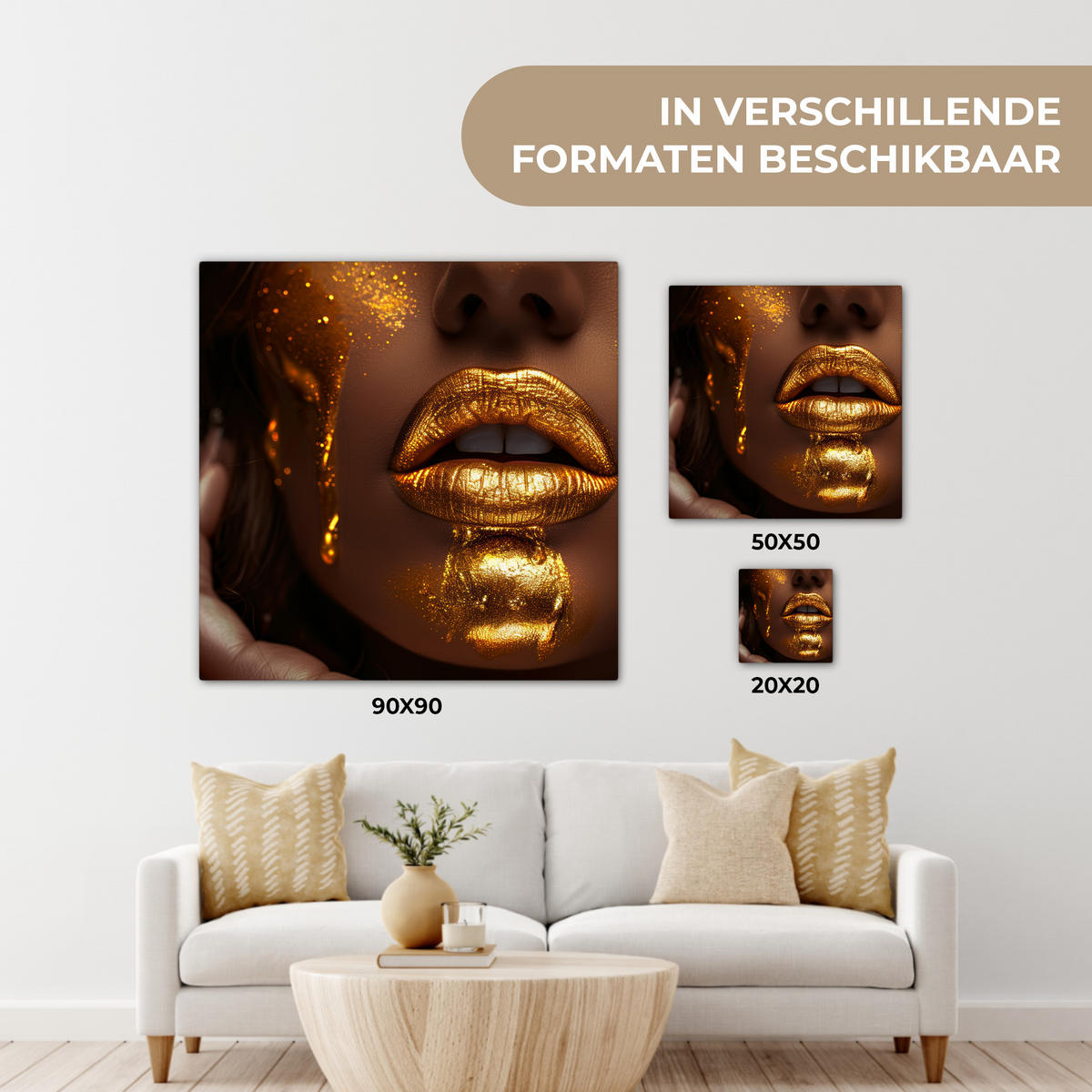 LEINWANDBILD Frau - Gold - Luxus - Porträt Wandbild Wohnzimmer 50x50 cm - Goldfarben, Textil (50/50cm) - MuchoWow