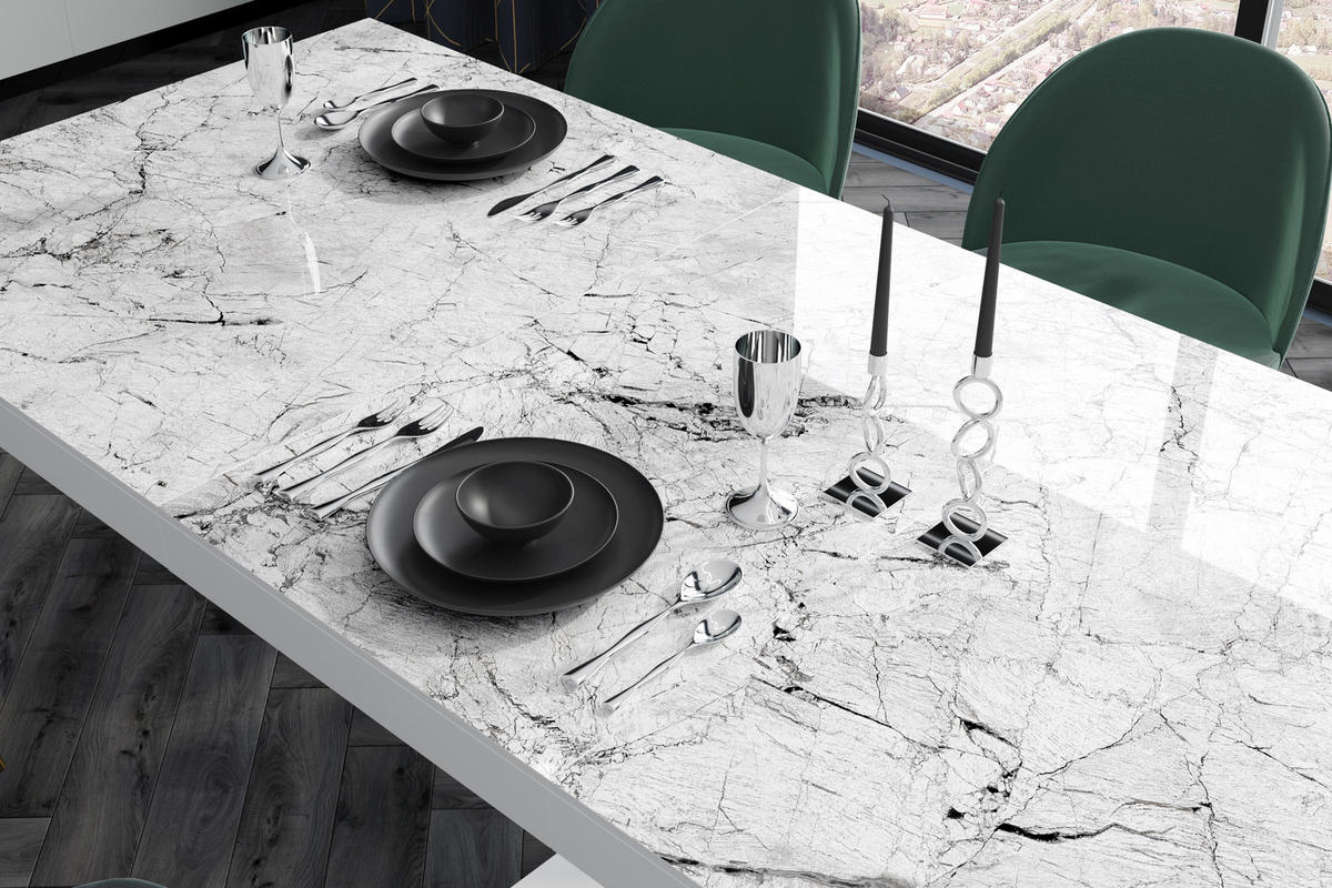 ESSTISCH rechteckig Marmoroptik - Weiß Hochglanz ausziehbar 160-256 cm - Weiß Hochglanz/Weiß, Holzwerkstoff (89/160/74cm) - designimpex