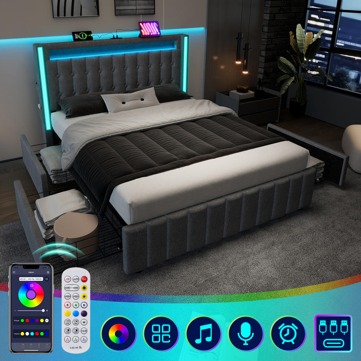 ČALÚNENÁ posteľ 140/200 cm s USB a Type-C nabíjaním, LED osvetlením a 4 zásuvkami, sivý ľan - sivá, textil (140/200cm) - Redom