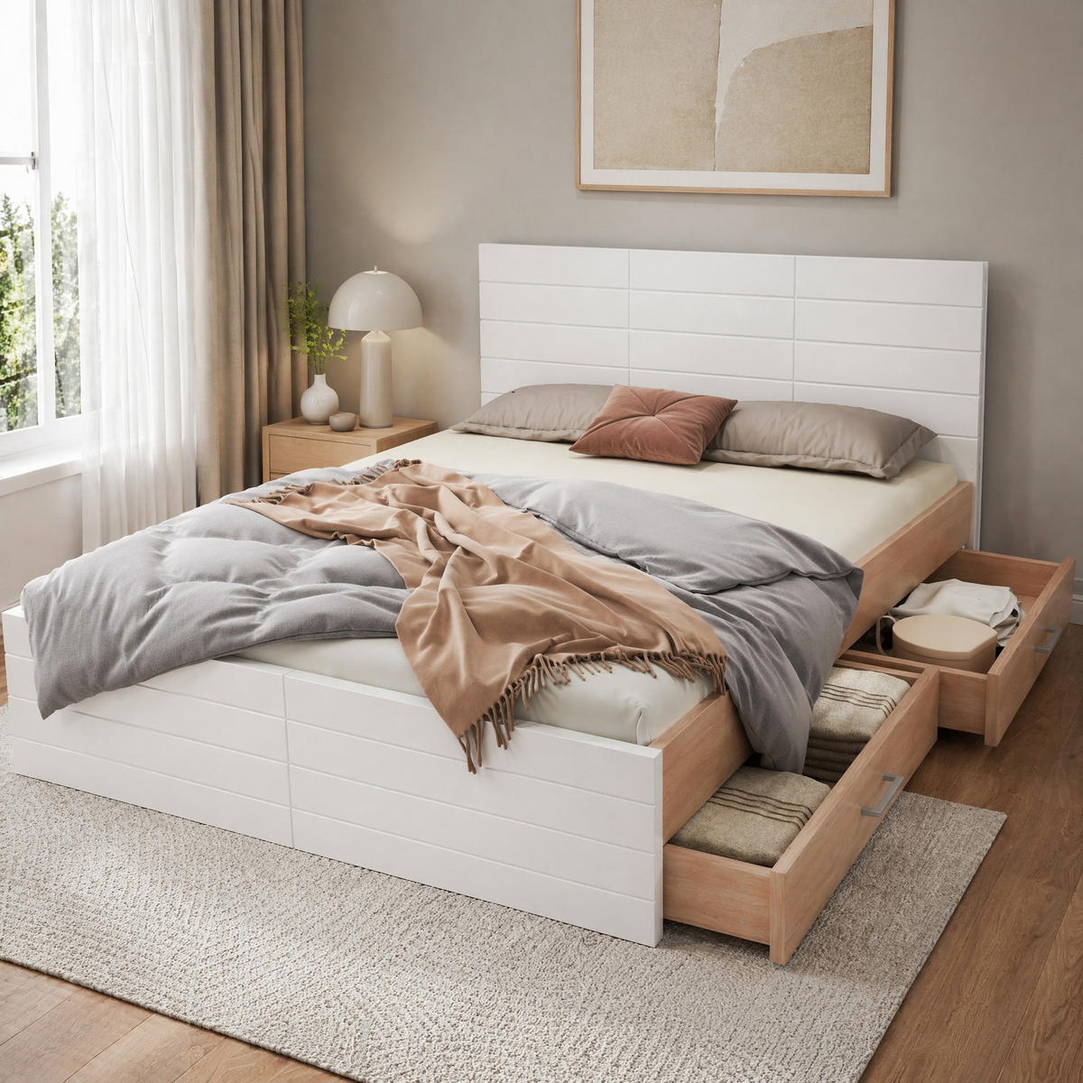 BETT 140/200 mit 2 Schubladen und Lattenrost in Weiß - Eichefarben/Weiß, Holzwerkstoff (140/200cm) - EVRYAE