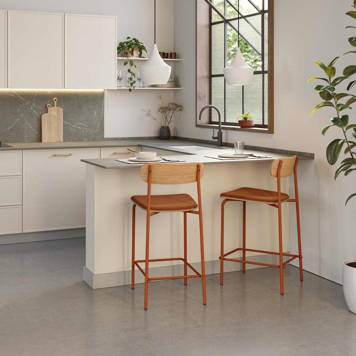 BARHOCKER (Set aus 2) aus Stoff mit schwarzen Metallbeinen - adriana 42/48/66 cm - Orange, Textil (48/66/42cm) - Calicosy