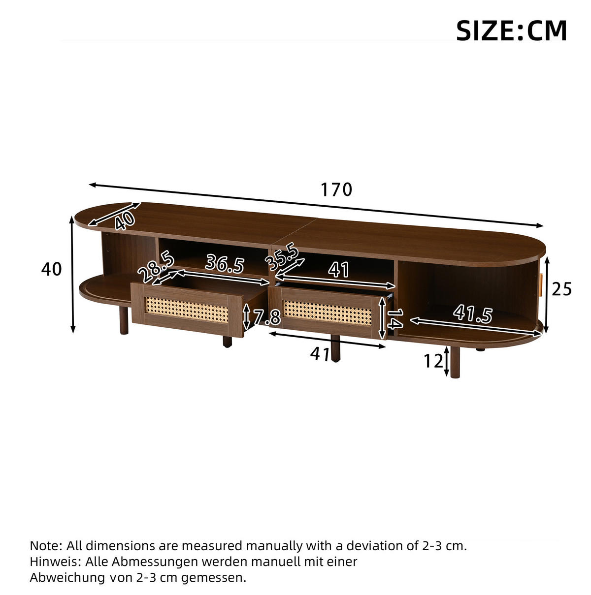 TV-LOWBOARD aus MDF 170x40x40 cm Dunkle Eiche mit 2 Schubladen, 2 Schiebetüren und ovaler Form - Braun, Holzwerkstoff (170/40/40cm) - Modfu