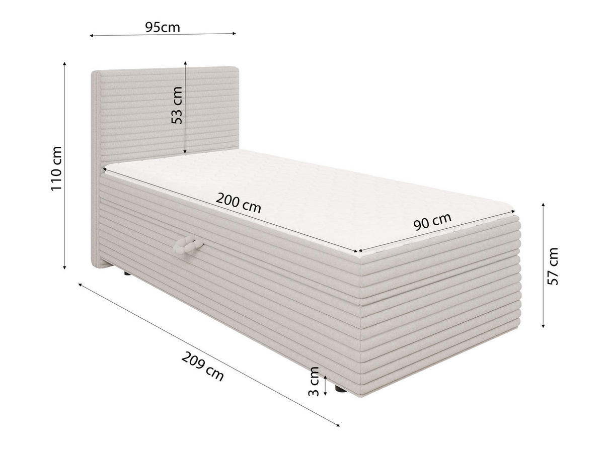 BOXBETT Roma 90/200 cm Hellgrau Plüschcord - Hellgrau/Schwarz, Holz/Kunststoff (90/200cm) - S-Style Möbel