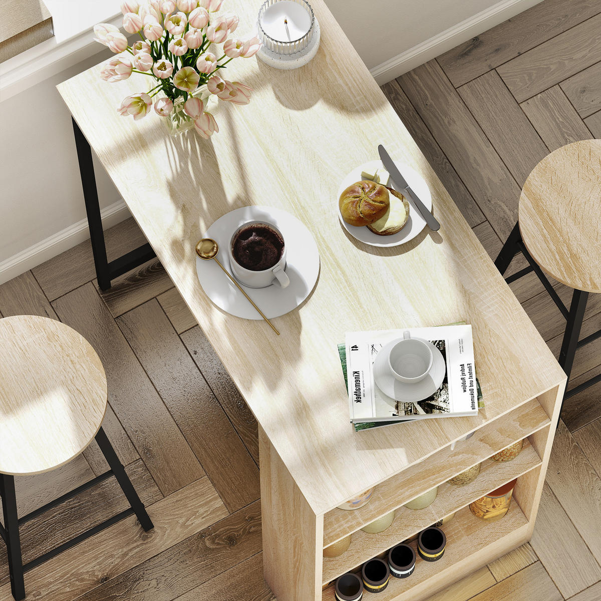 BARTISCH mit Barhocker Set, 3-tlg. Bartisch-Set mit Küchentisch, Stauraum - Multicolor, Metall (49/91/91cm) - HOMCOM