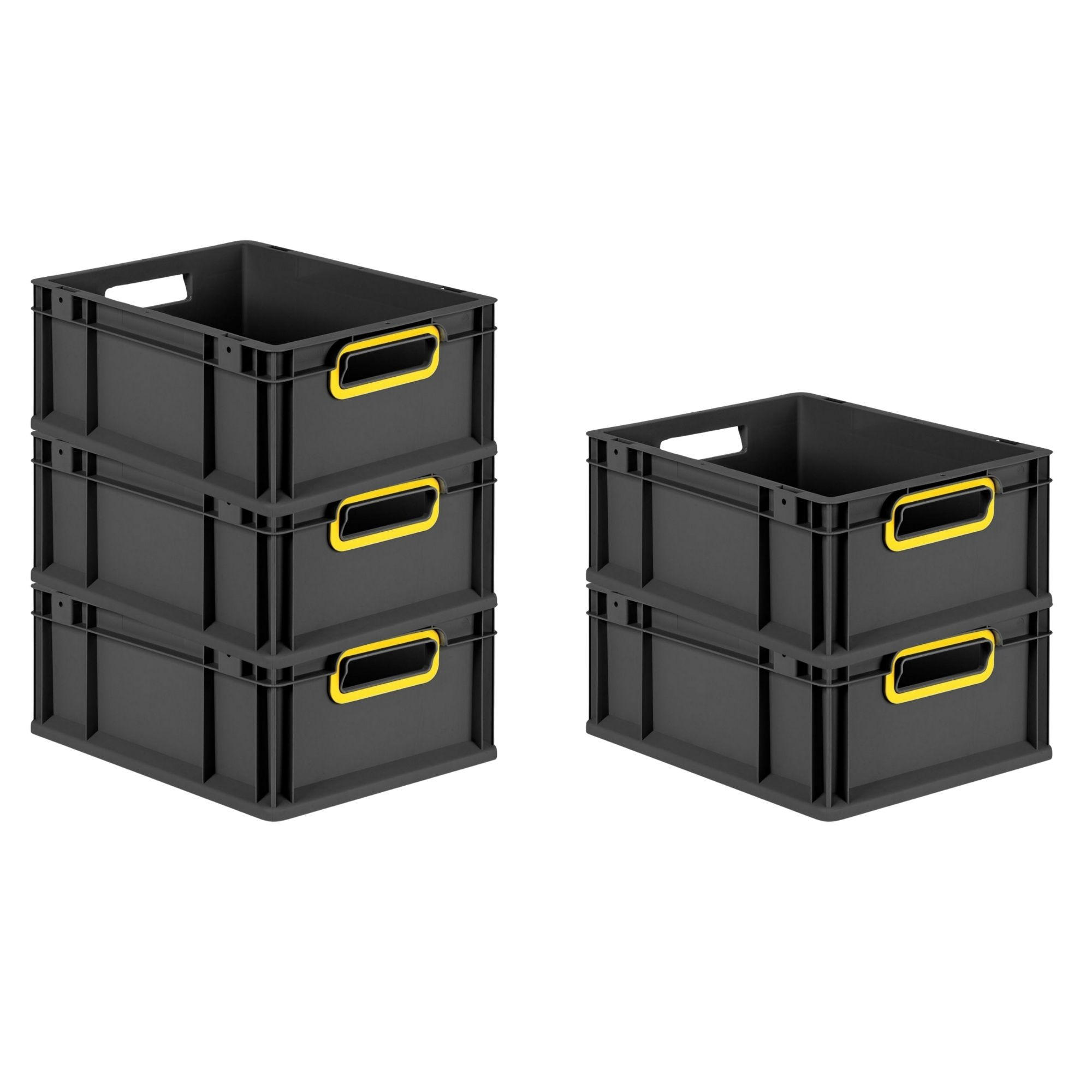 EUROBOX 5x NextGen Color 17x30x40 cm 16 Liter Griffe gelb offen, Schwarz - Gelb/Schwarz, Kunststoff (30/17/40cm) - PROREGAL