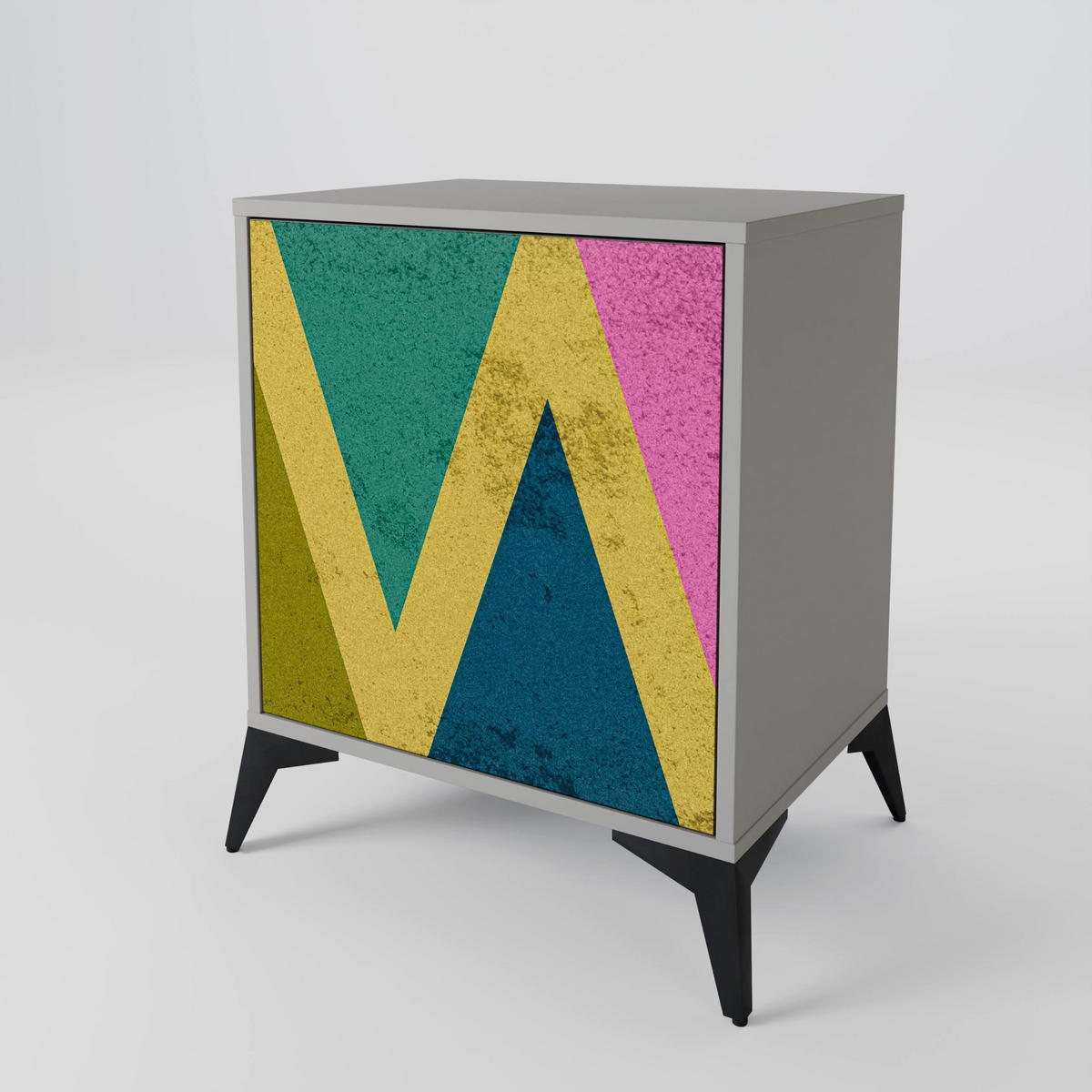 SIDEBOARD COLORFUL TRIANGLES, Grau, 57,5x42x75,5 cm, Goldfarbene Metallfüße - Goldfarben/Multicolor, Holzwerkstoff/Metall (57.5/75.5/42cm) - SpaceRebels