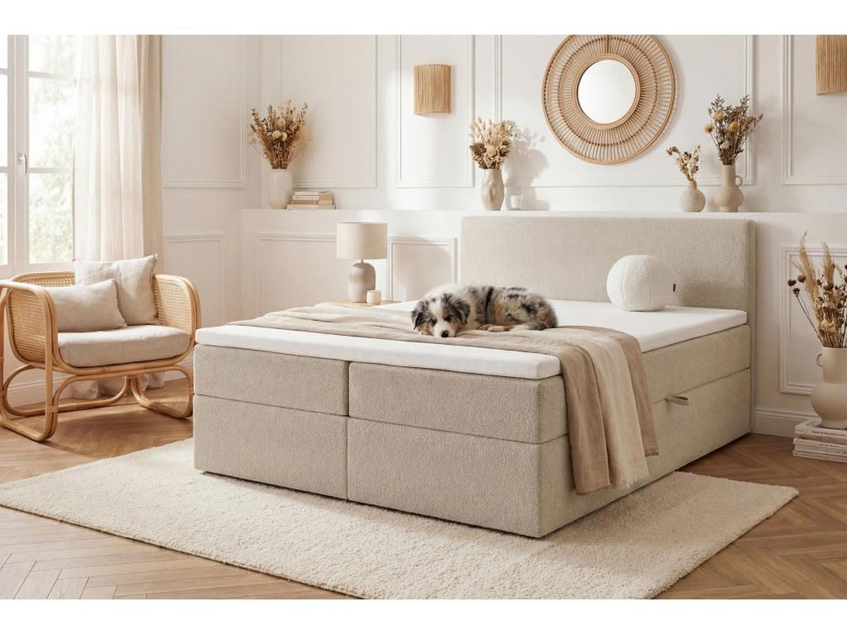BOXBETT 160x200 cm, QUELLE, Bettkästen mit seitlicher Öffnung, Bouclé-Stoff, Beige - Beige, Holz/Kunststoff (160/200cm) - Trada