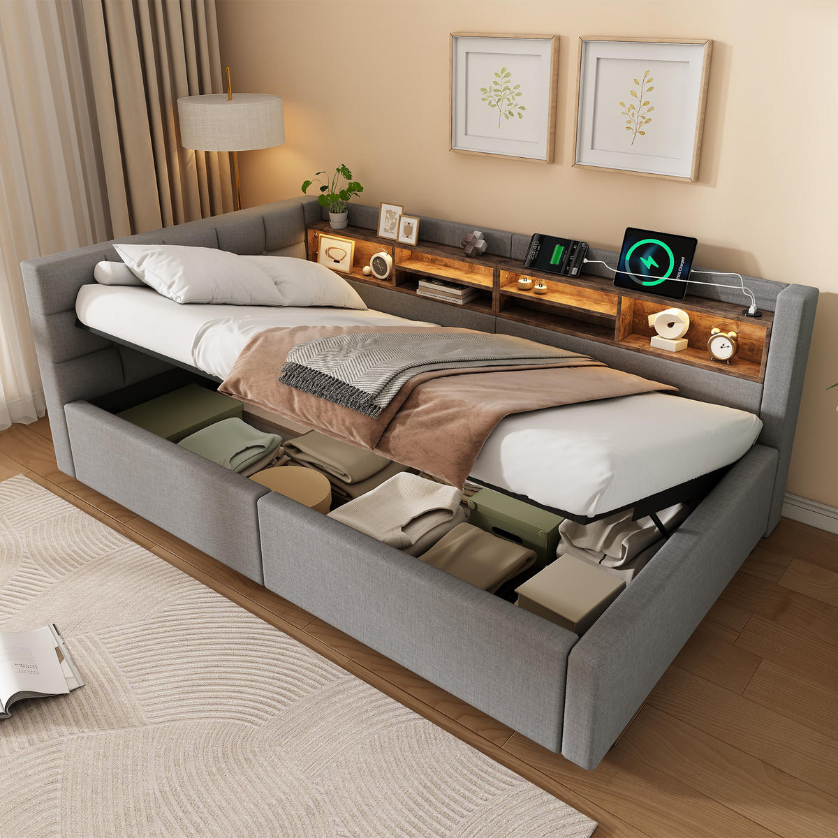 DENNÍ POSTEL 90x200cm Pohovka Úložná LED USB Šedá - šedá, přírodní materiály (90/200cm) - FLIEKS