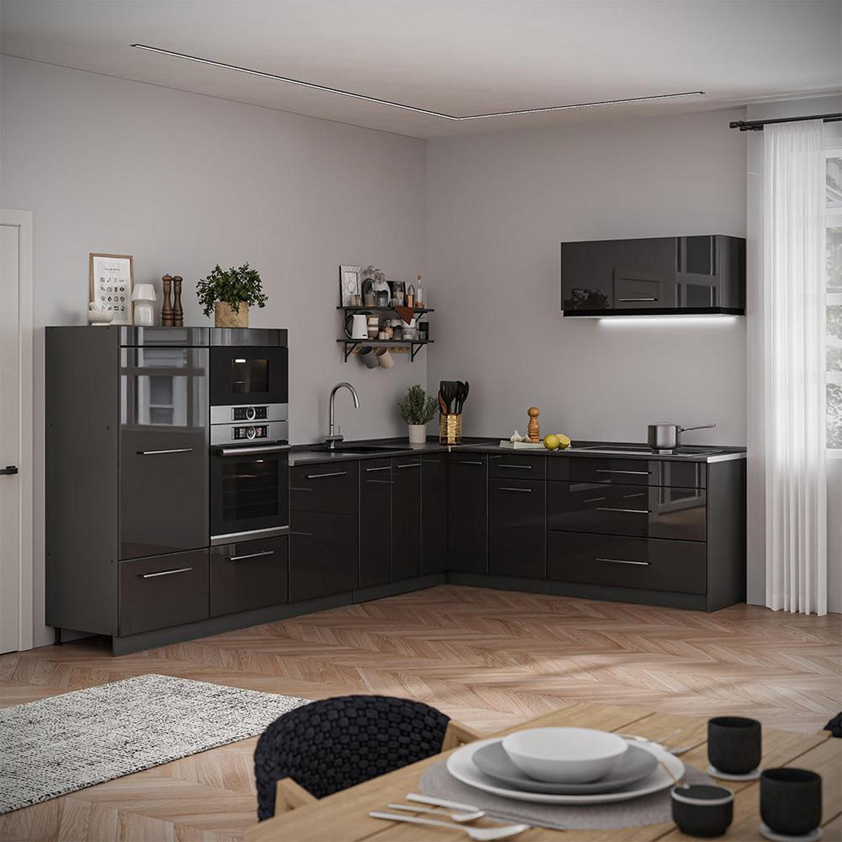 KUHINJA V OBLIKI ČRKE L Fame-Line, Antracit z visokim sijajem/Antracit, 327 x 227 cm, DP Antracit - antracit, leseni material (327/153.6/60cm) - Vicco