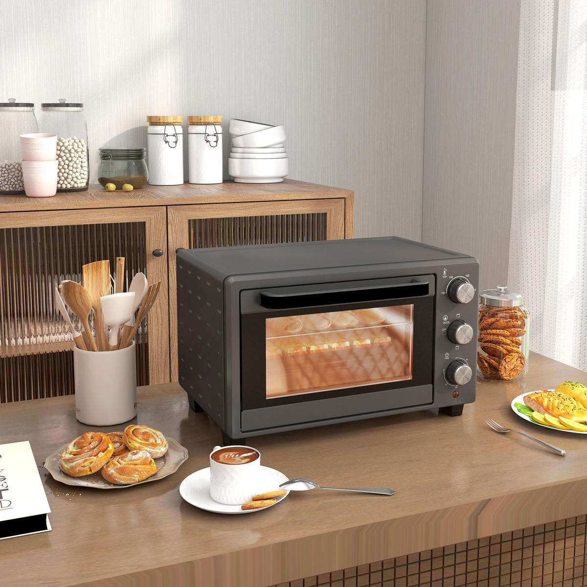 MINIBACKOFEN 21L 1400W Mini Ofen mit Backblech & Grillrost, 60 Min. Timer, Temperatur 100-230°C, Edelstahl, Grau - Grau, Metall (46/28.5/38cm) - Beaface