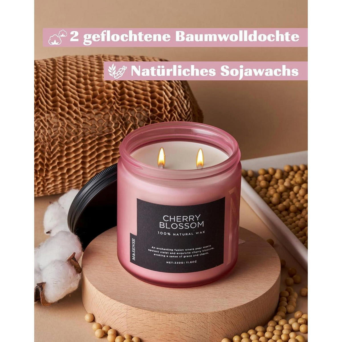 DUFTKERZE Kirschblüte 330g 70 Stunden Brenndauer - Rosa, Paraffin (9.5cm)