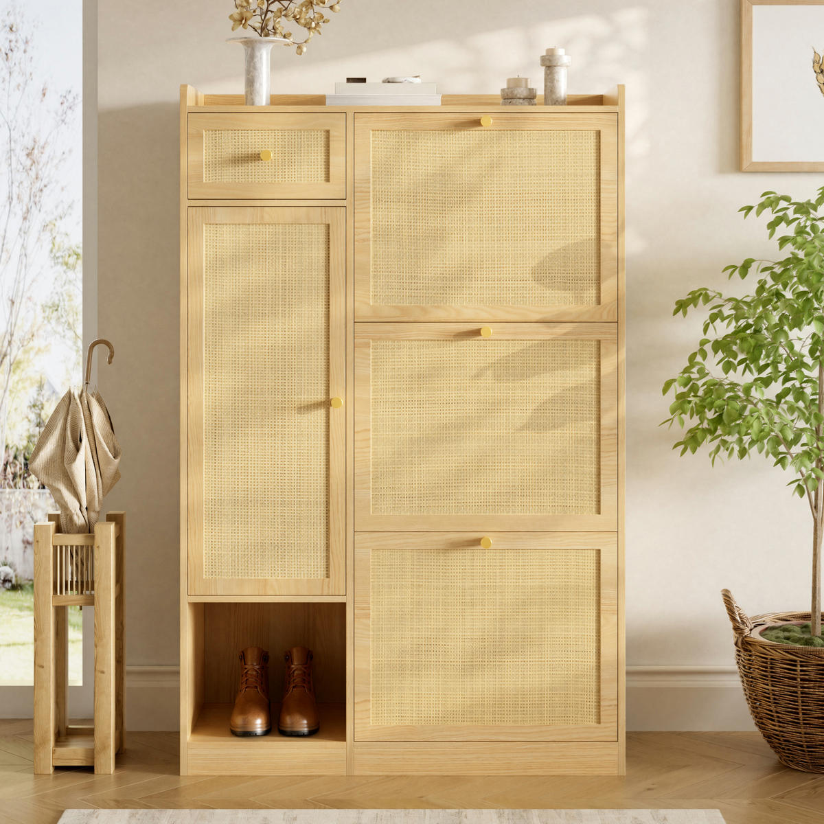 SCHUHSCHRANK 80.5x25x125cm Rattan mit 3 Klappen - Naturfarben, Holzwerkstoff (80.5/125/25cm) - FLIEKS