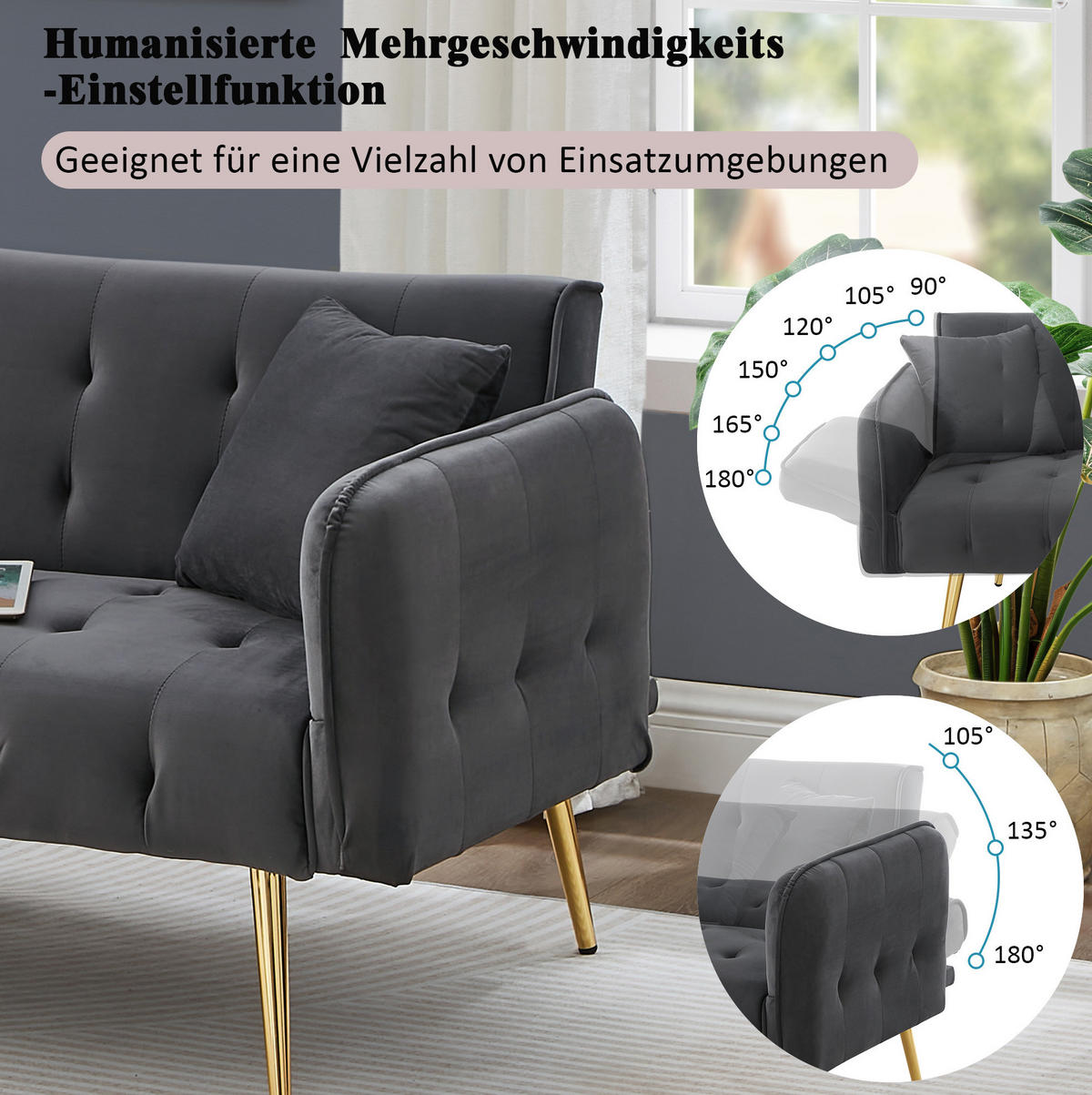 SCHLAFSOFA 215/81,5 cm Liegefläche – mit Veloursbezug und verstellbaren Armlehnen - Grau, Textil (82/70/178cm) - BEAOK