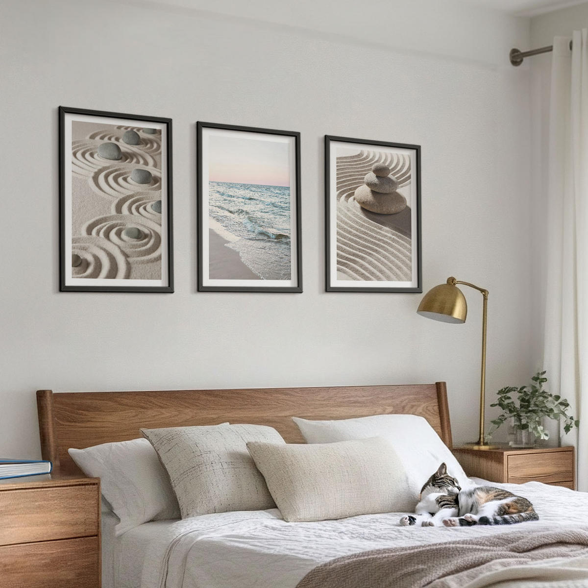 BILDER SET 3er Set - 40x60 cm Schwarzer Rahmen - Wellen, Sand, Wasser, Steine, Strand - Schwarz, Kunststoff (40/60cm) - TULUP