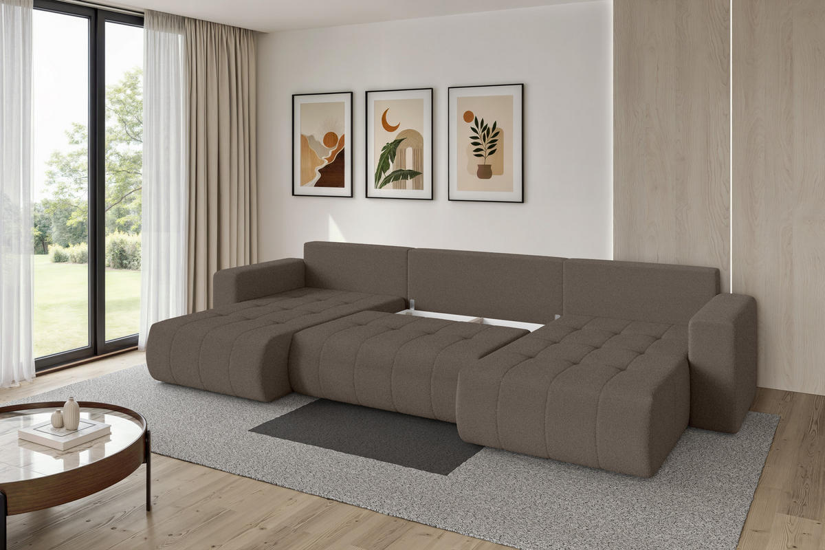 SEDACÍ SOUPRAVA DO U s funkcí spaní a úložným prostorem MILA-U 378x194x86 hnědá bouclé - černá/hnědá, kompozitní dřevo/textil (378/86/194cm) - ALTDECOR