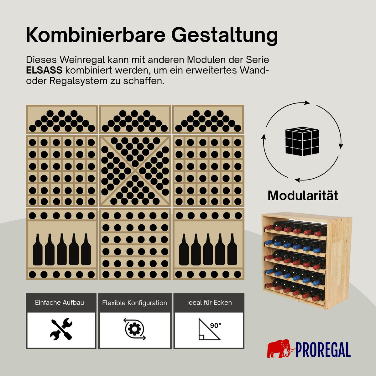 WEINREGAL MODULARES ELSASS 60x60x30cm Auszug Modul für 30 Flaschen - Kieferfarben, Holz (60/60/30cm) - PROREGAL