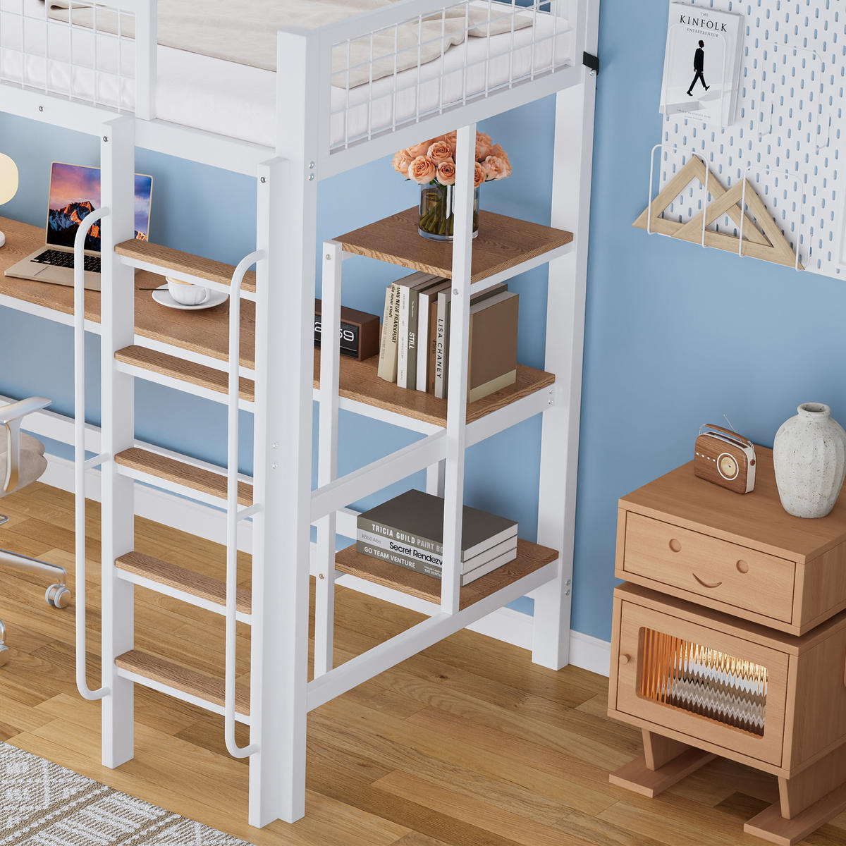 ETAGENBETT 90/200 cm mit Schreibtisch, Regalen, 5-stufiger Leiter und Fallschutz, Weiß/Natur - Weiß, Metall (90/200cm) - Redom