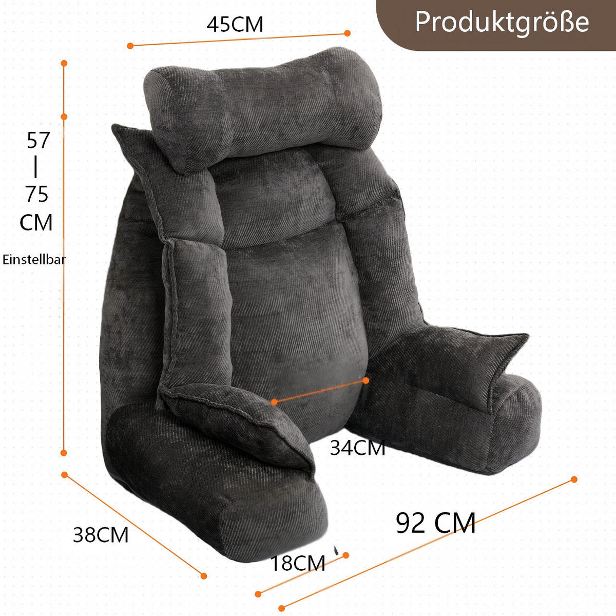 RÜCKENSTÜTZKISSEN Verstellbar Grau - Grau, Textil (92/56cm) - Vercart