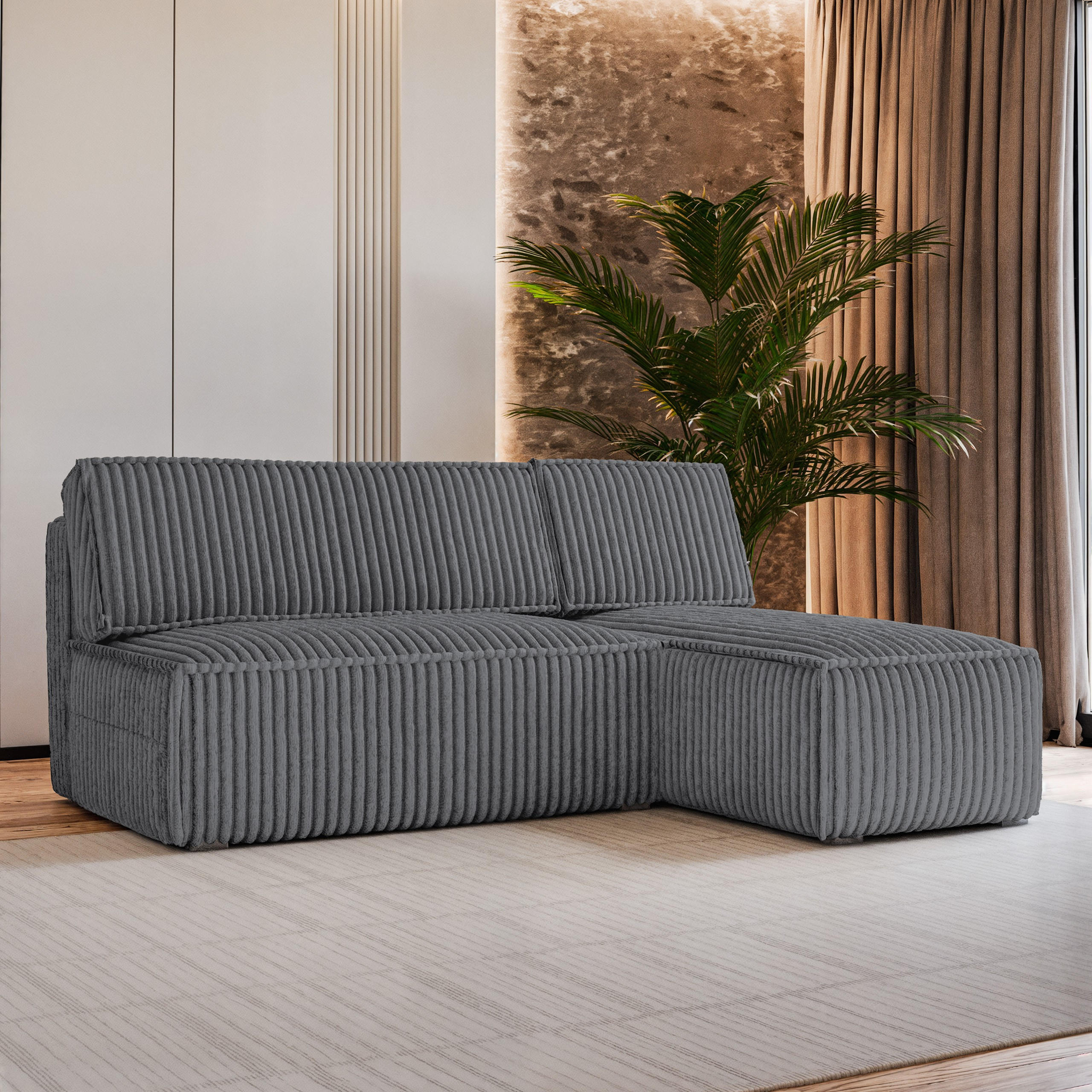 ECKSOFA BRISO T Graphitfarben Kordstoff mit Schlaffunktion - Graphitfarben, Holz (200/140cm) - MASSENO