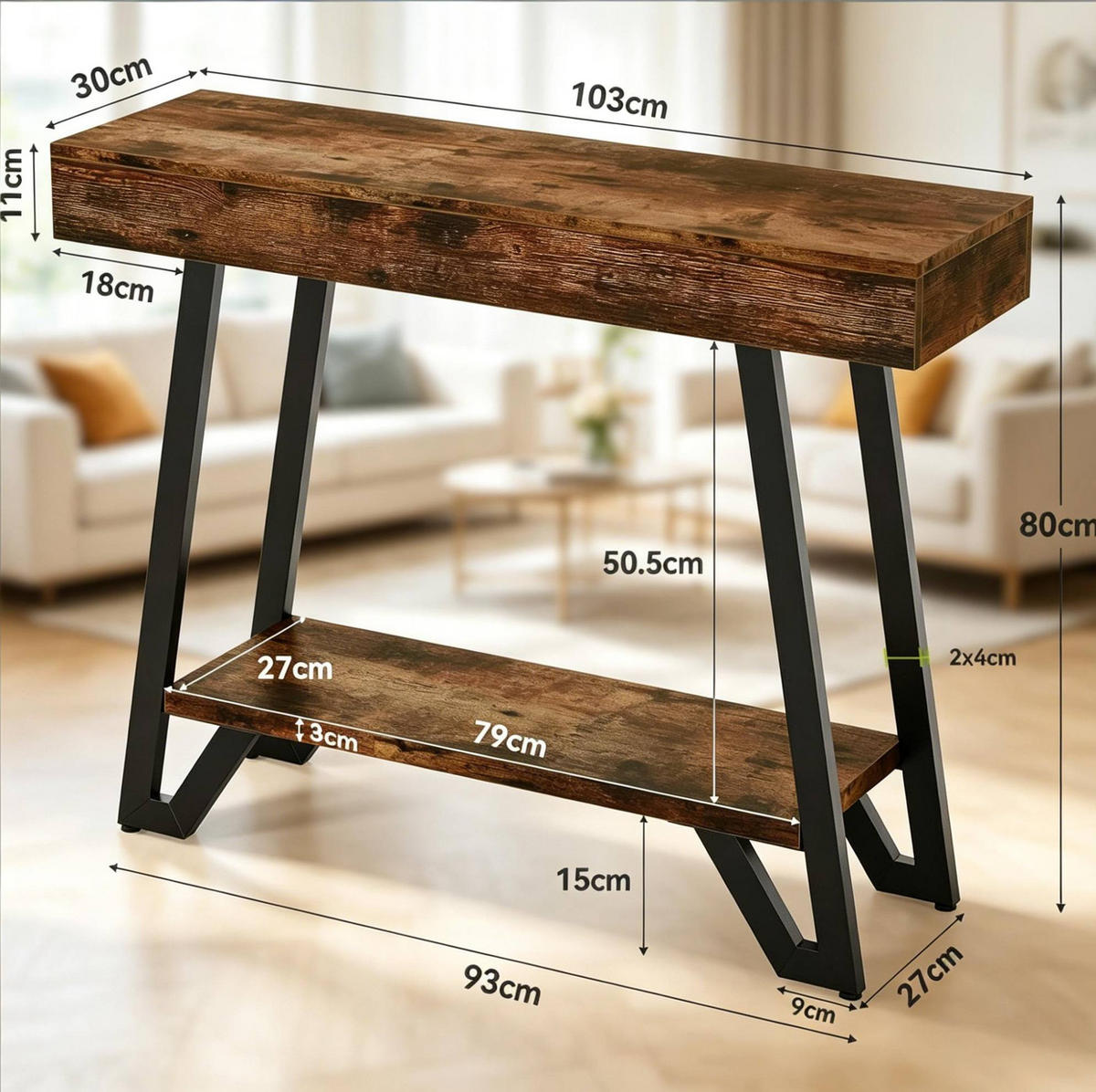 SIDEBOARD 103/30/80 cm schwarz und rustic brown aus MDF und Metall mit 2 Ebenen - Schwarz, Holzwerkstoff (30/80/103cm) - OKWISH