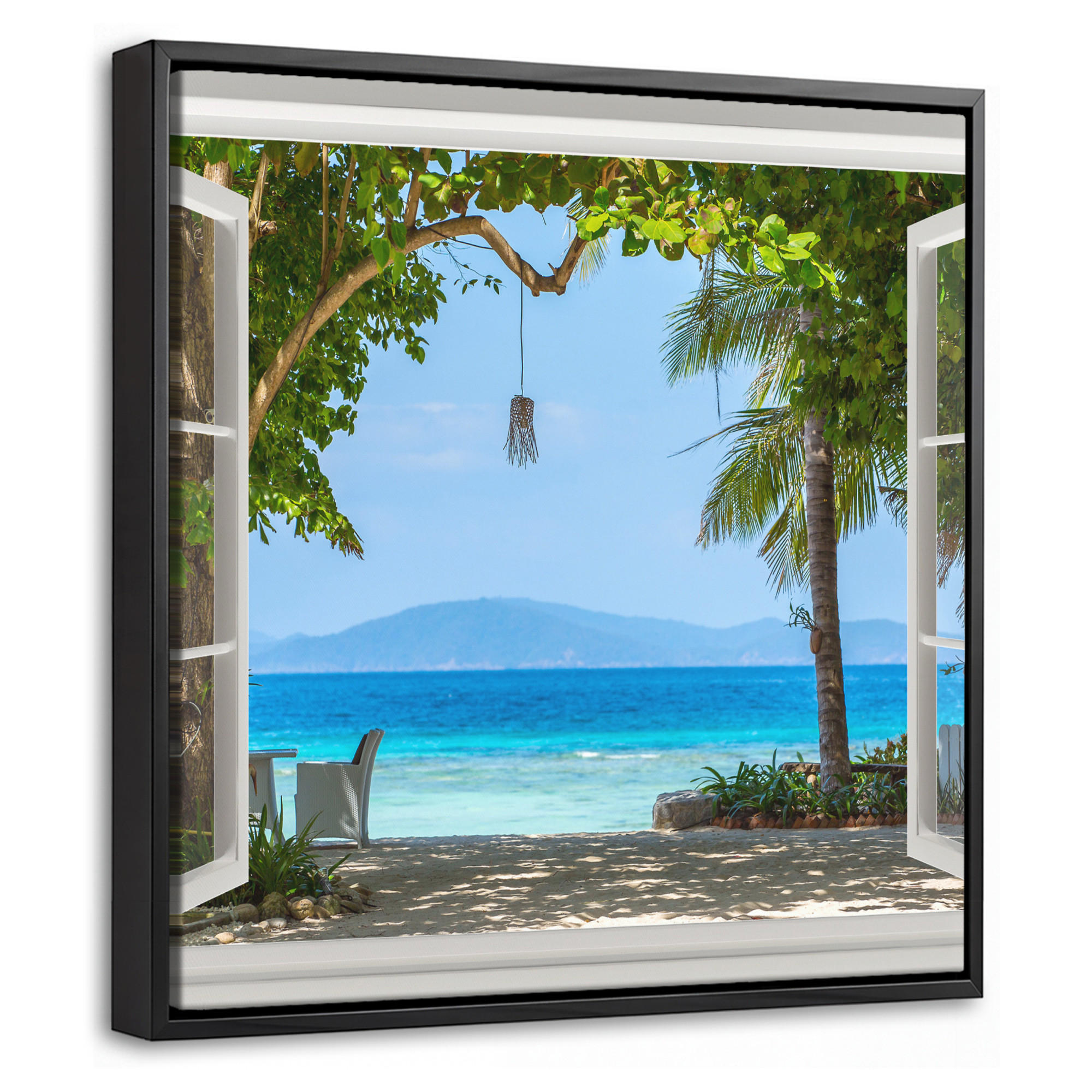 LEINWAND Bilder mit Rahmen - Aussicht - Baum - Meer - Palme - Hügel - Strand - Blau - 20x20 - Blau, Textil (20/20cm) - MuchoWow