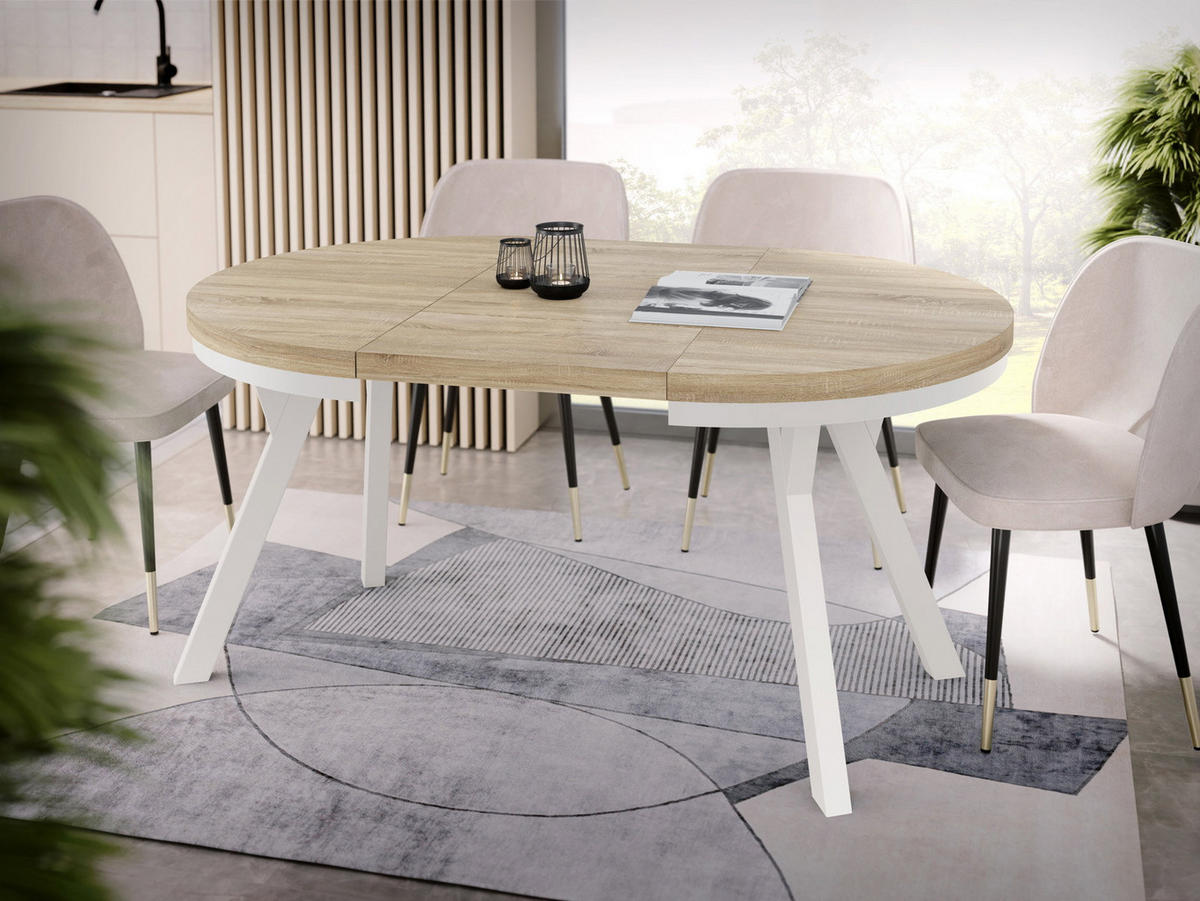 ESSTISCH Lume Weiß runder ausziehbarer, Sonoma Eiche 100-150/100/76 cm - Braun/Weiß, Holz/Holzwerkstoff (100/150/76cm) - WFL GROUP