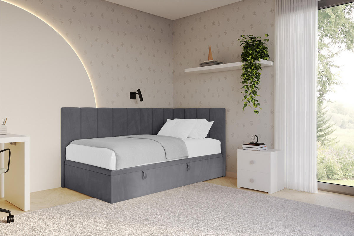 EINZELBETT Jugendbett mit Bettkasten Links, ohne Matratze - LOVY 100x200 Dunkelgrau - Dunkelgrau, Holzwerkstoff/Textil (100/200cm) - ALTDECOR