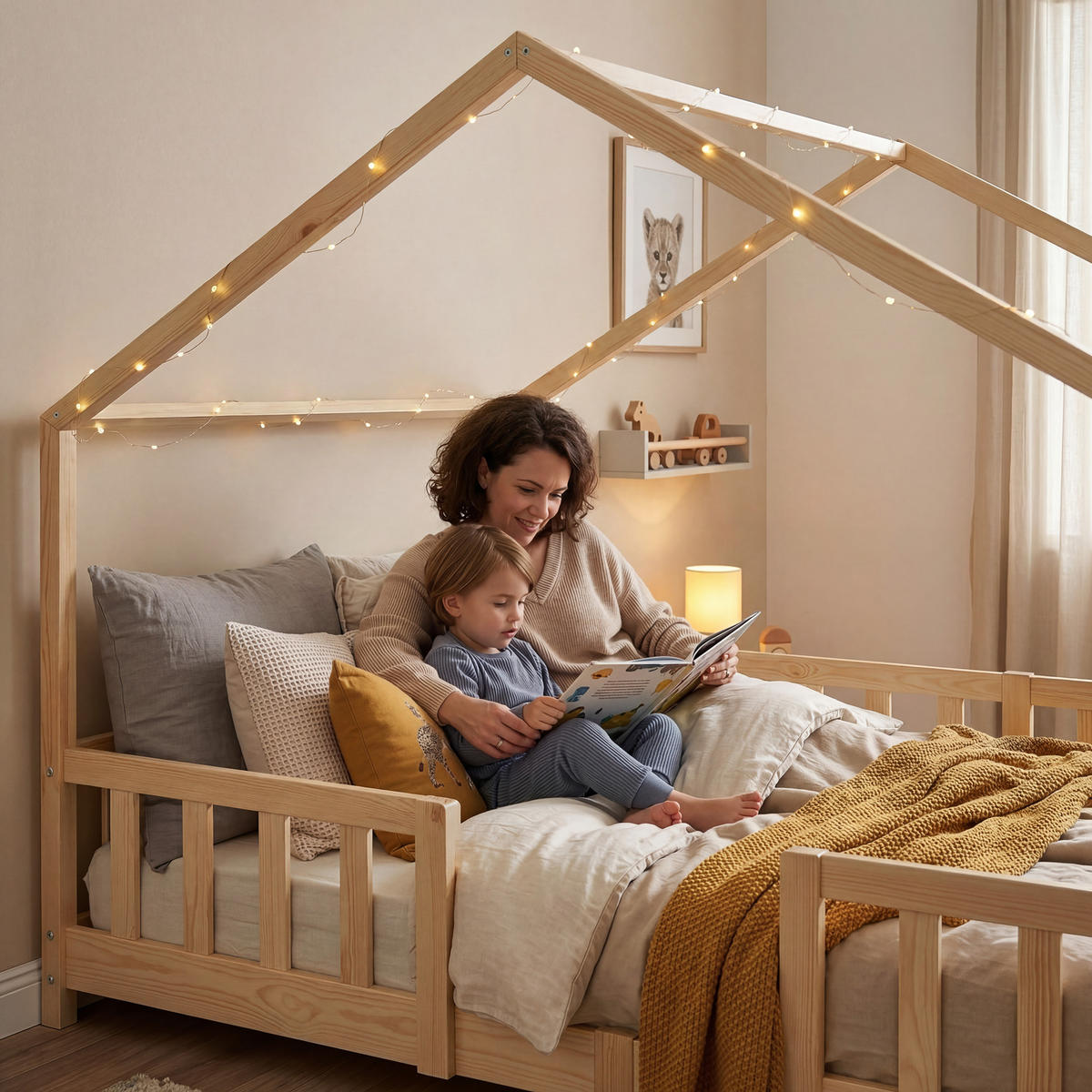 HAUSBETT Treviolo mit Matratze - Naturfarben, Holz/Textil (140/200cm) - [en.casa]
