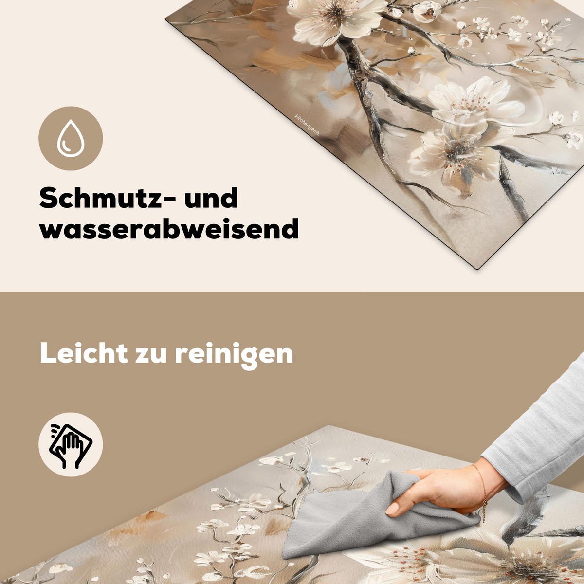 HERDABDECKPLATTE Blumen - Abstrakt - Gemalt - Beige 81x52 cm - Beige, Kunststoff (81/52/0.2cm) - MuchoWow