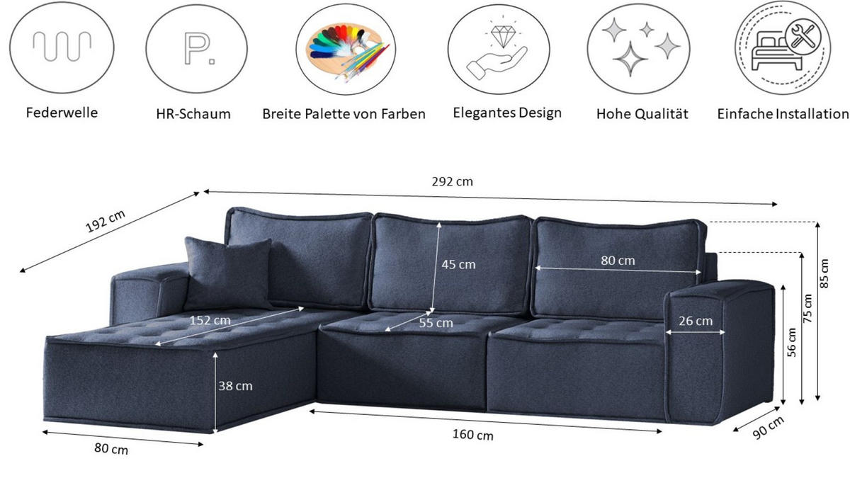 ECKSOFA L-förmige Bohoo-Maxi Blau Rechts - Blau, Holz (292/192cm) - Kaiser Möbel